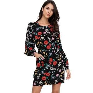 Yumi Kim Akita Dress Womens 2 Black Floral Garden Crew-Neck Long‎ Sleeve Mini